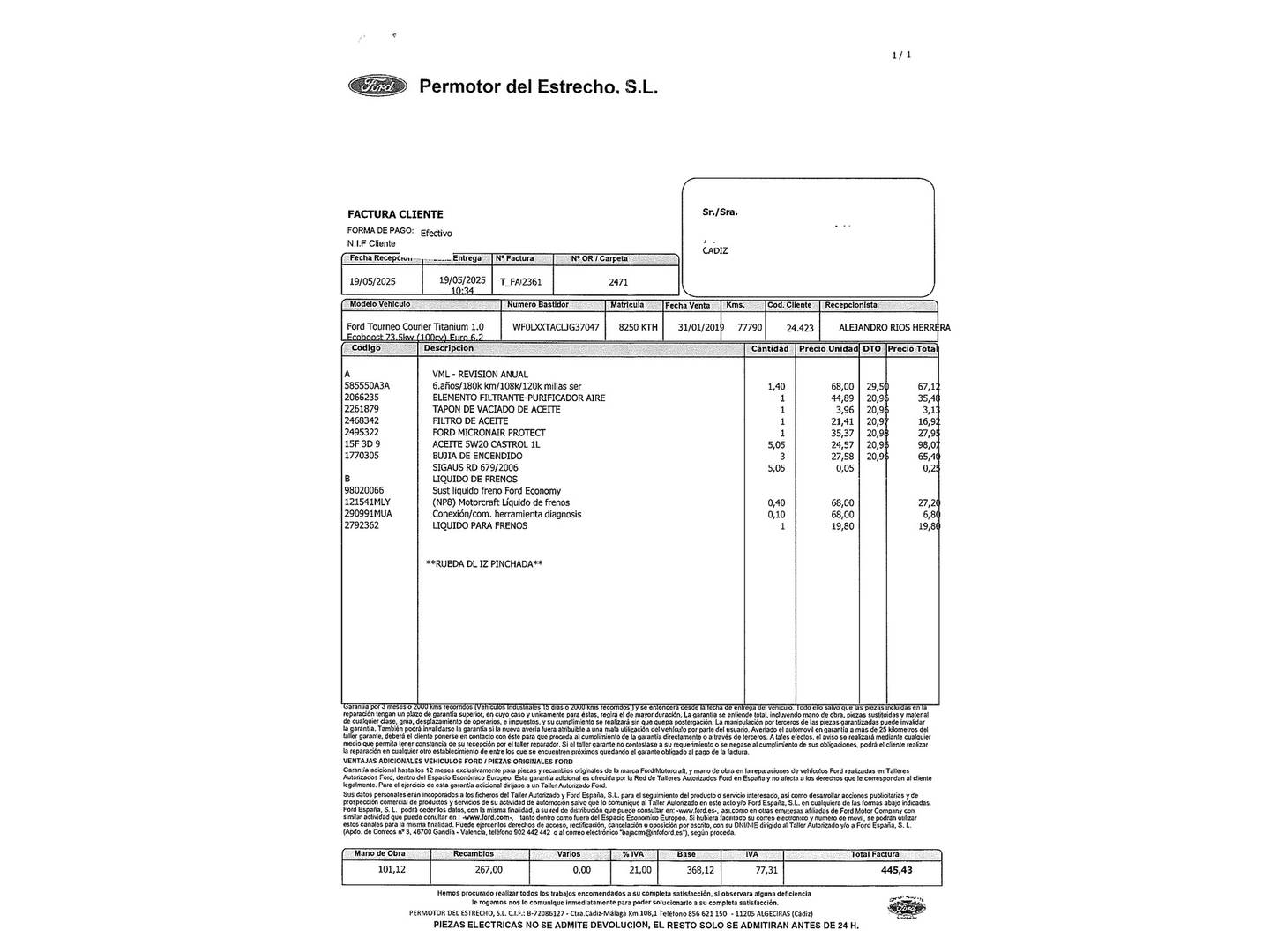 Foto del mantenimiento del Ford Tourneo Courier Ford Tourneo Courier 1.0 EcoBoost Titanium (100 CV)