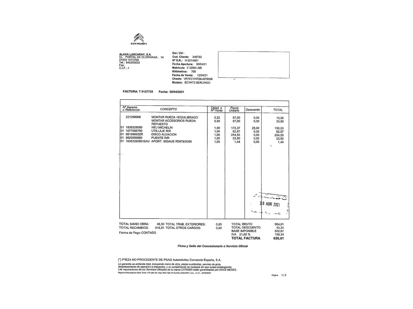 Foto del mantenimiento del Citroën Berlingo Citroen Berlingo S&S Talla M Shine (102 CV)