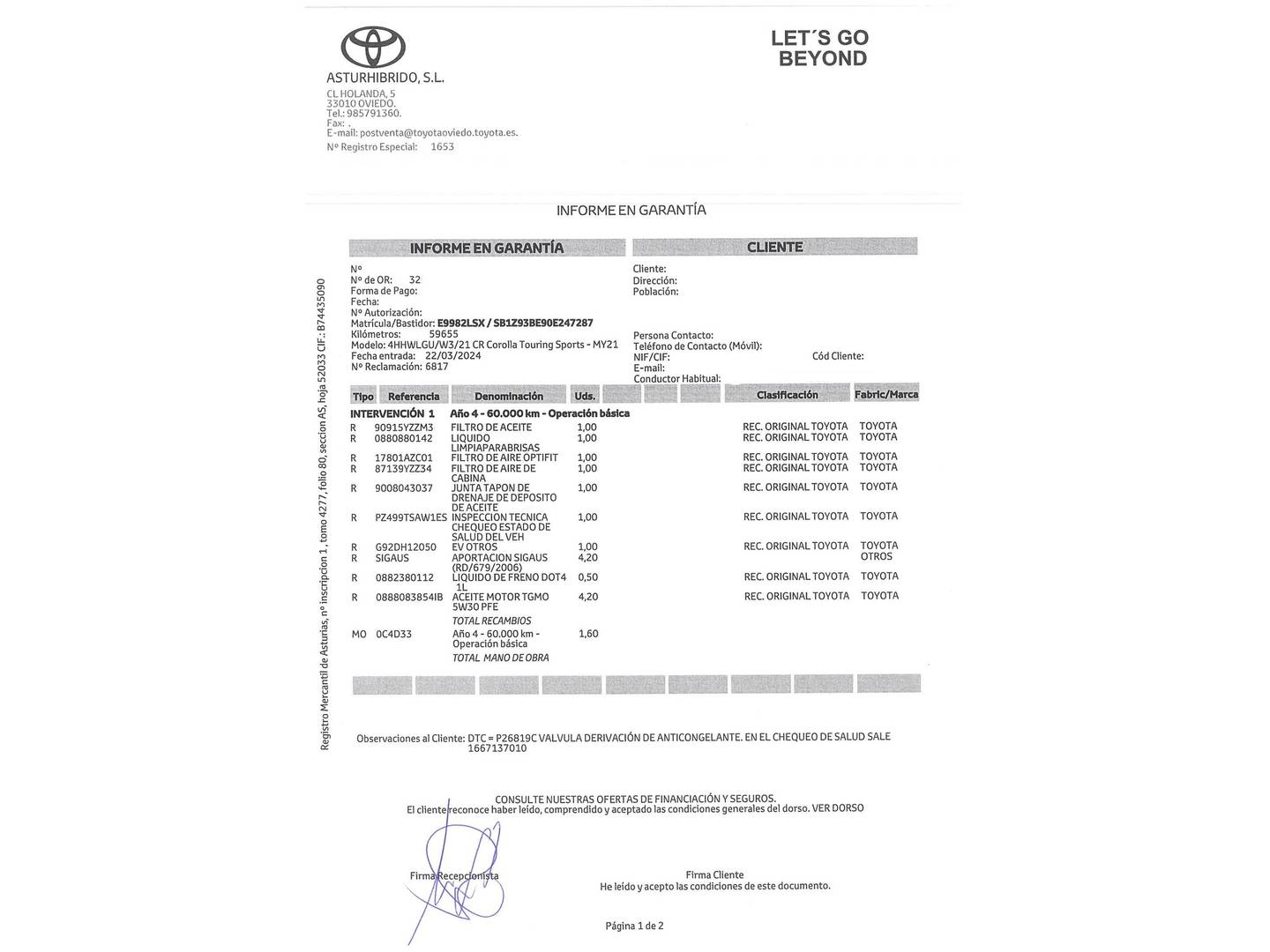 Foto del mantenimiento del Toyota Corolla Toyota Corolla Touring Sports 125H Active Tech E-CVT (122 CV)