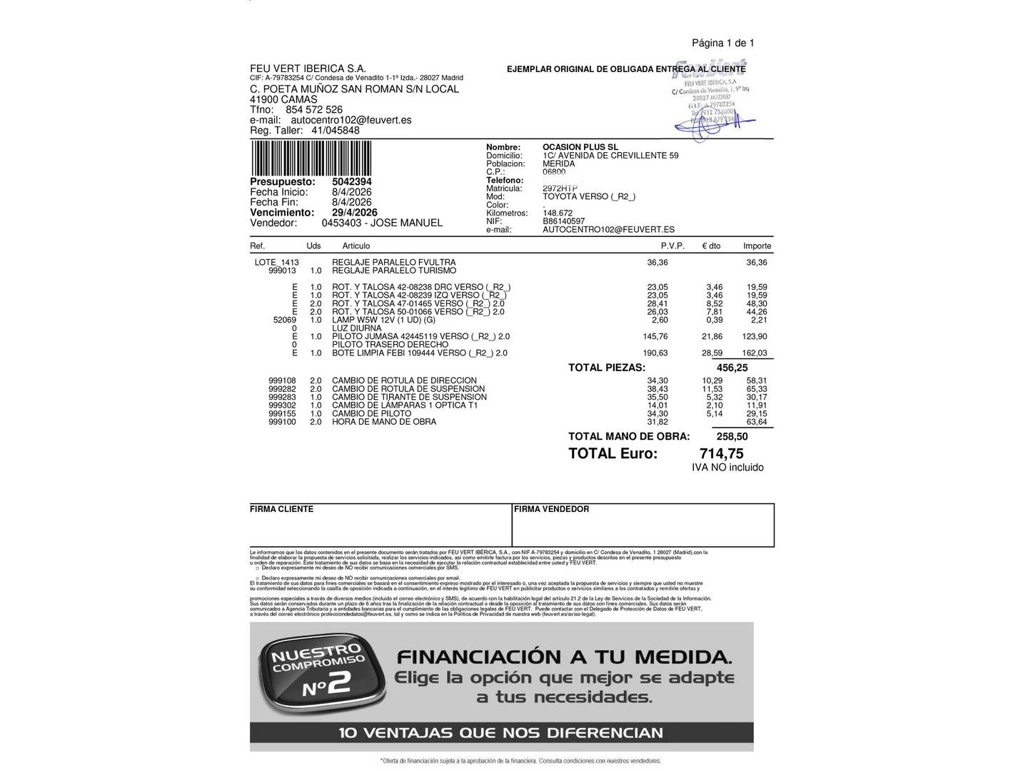 Foto del mantenimiento del Toyota Verso Toyota Verso 120D Advance (124 CV)