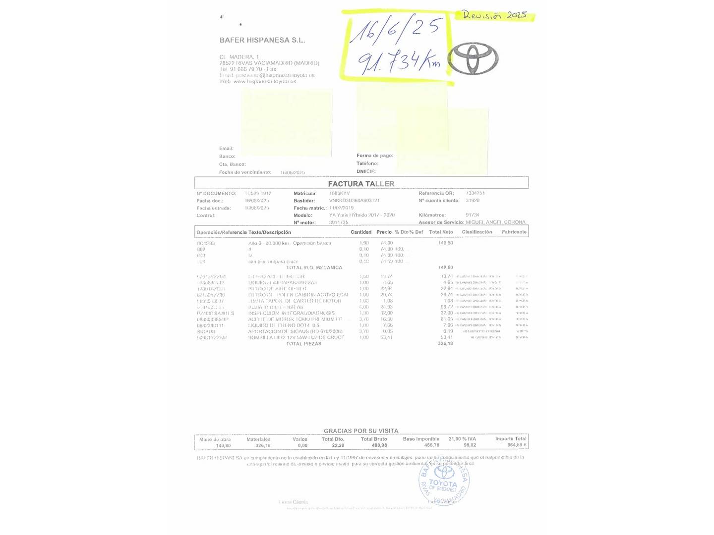 Foto del mantenimiento del Toyota Yaris Toyota Yaris 1.5 100H Active (100 CV)