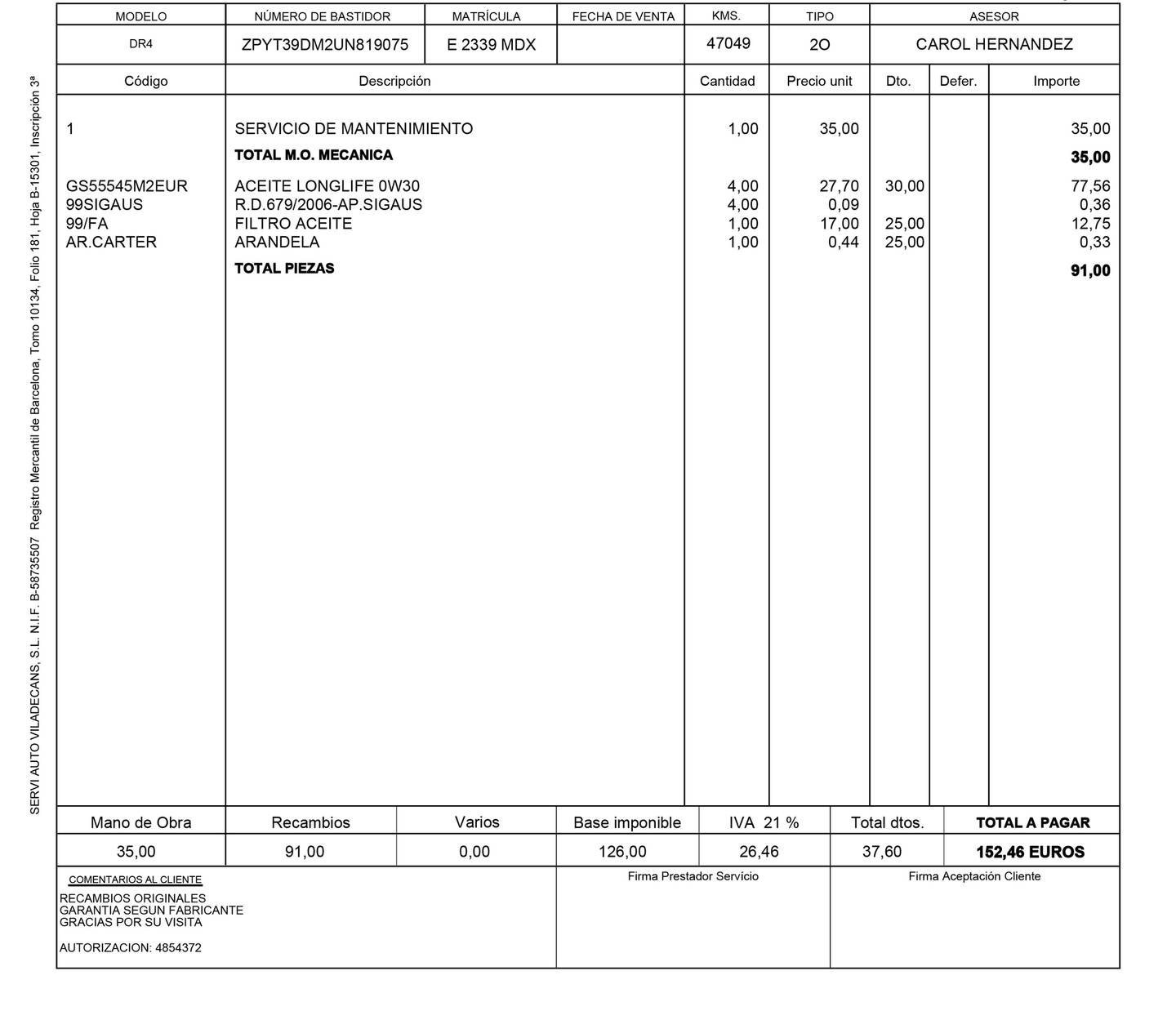 Foto del mantenimiento del DR AUTOMOBILES DR 4.0 DR AUTOMOBILES DR4 1.5 (116 CV)