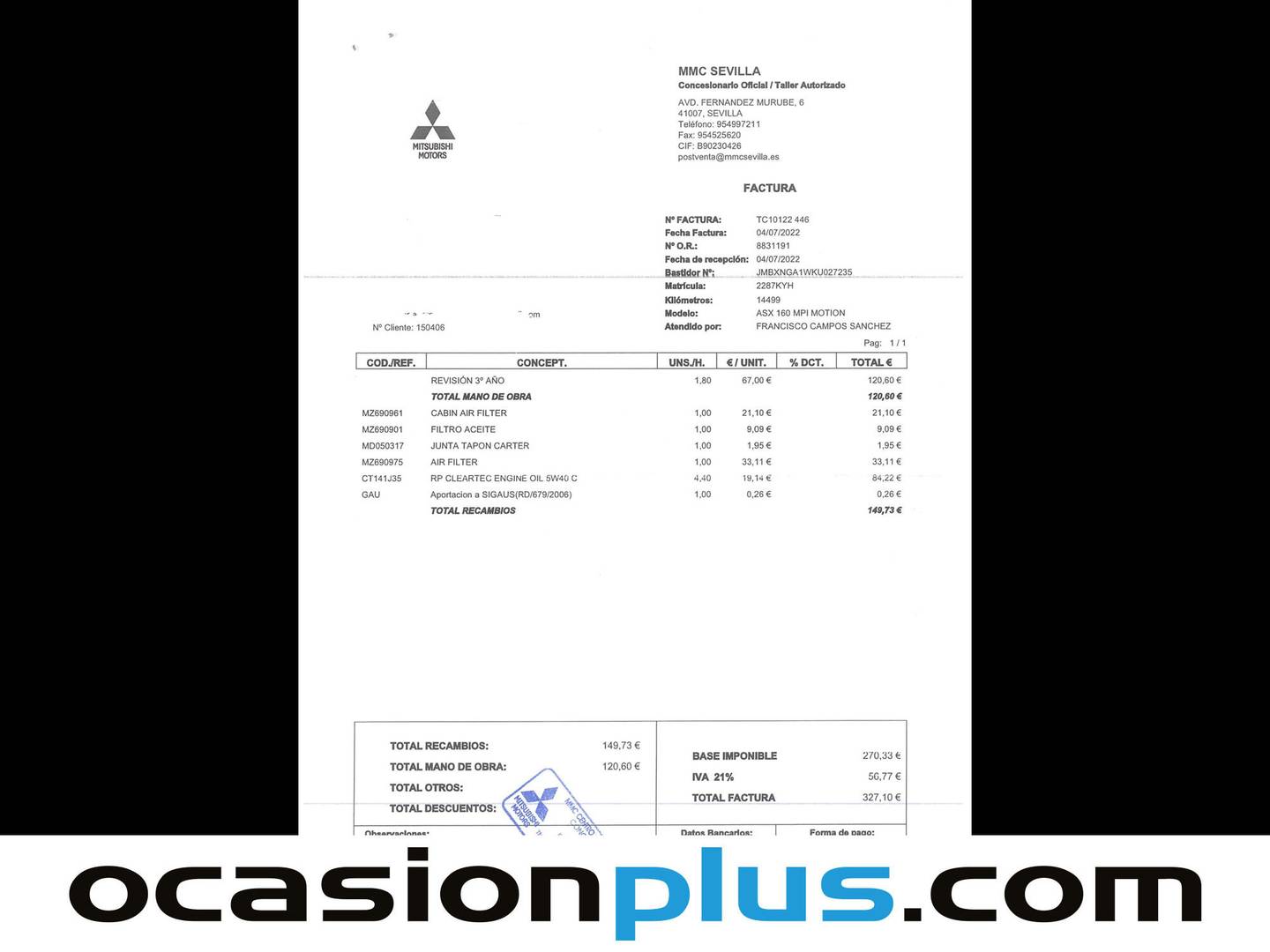 Foto del mantenimiento del Mitsubishi ASX Mitsubishi ASX 160 MPI Motion (117 CV)