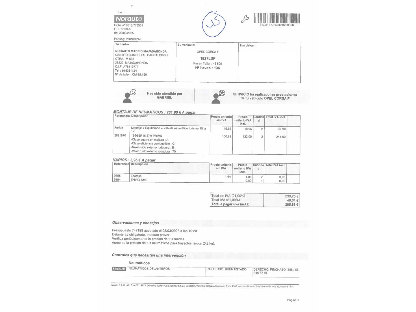Foto del mantenimiento del Opel Corsa-e Opel Corsa-e 50kWh Elegance-e (136 CV)