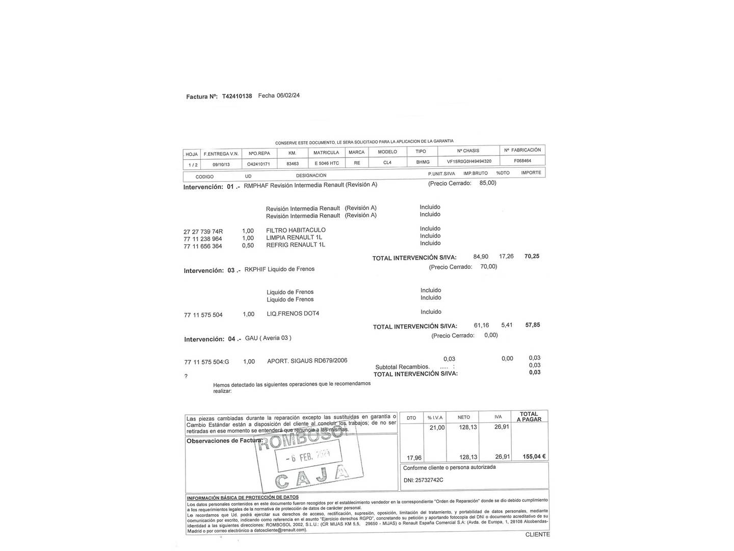 Foto del mantenimiento del Renault Clio Renault Clio Expression 1.2 16v (75 CV)