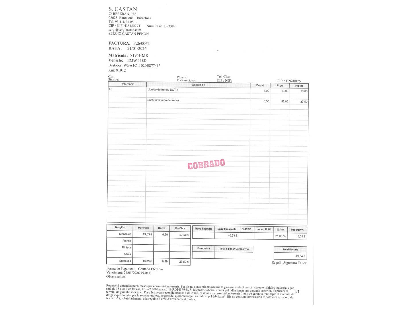 Foto del mantenimiento del BMW Serie 1 BMW Serie 1 118d (143 CV)