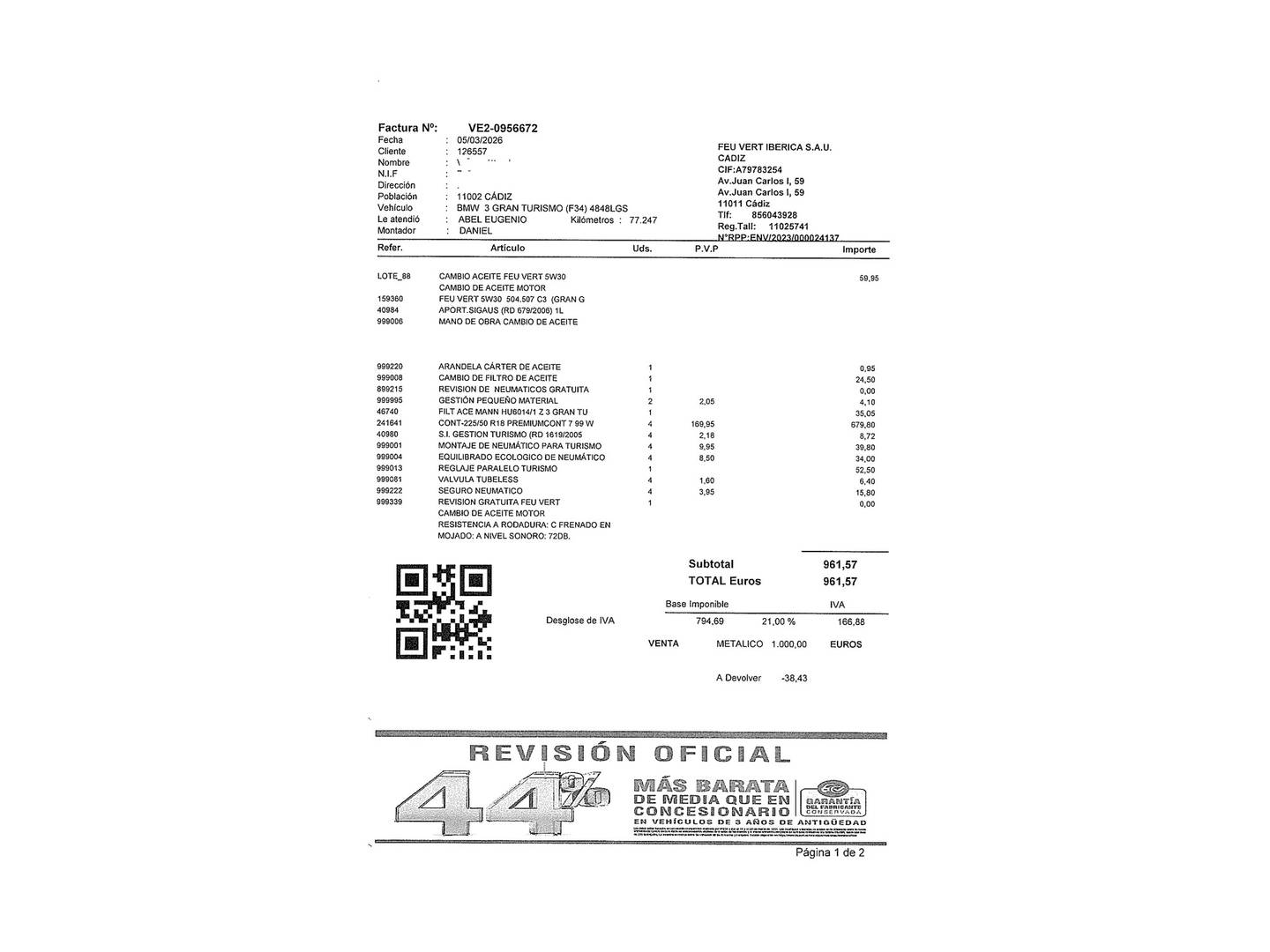 Foto del mantenimiento del BMW Serie 3 BMW Serie 3 318d Gran Turismo (150 CV)