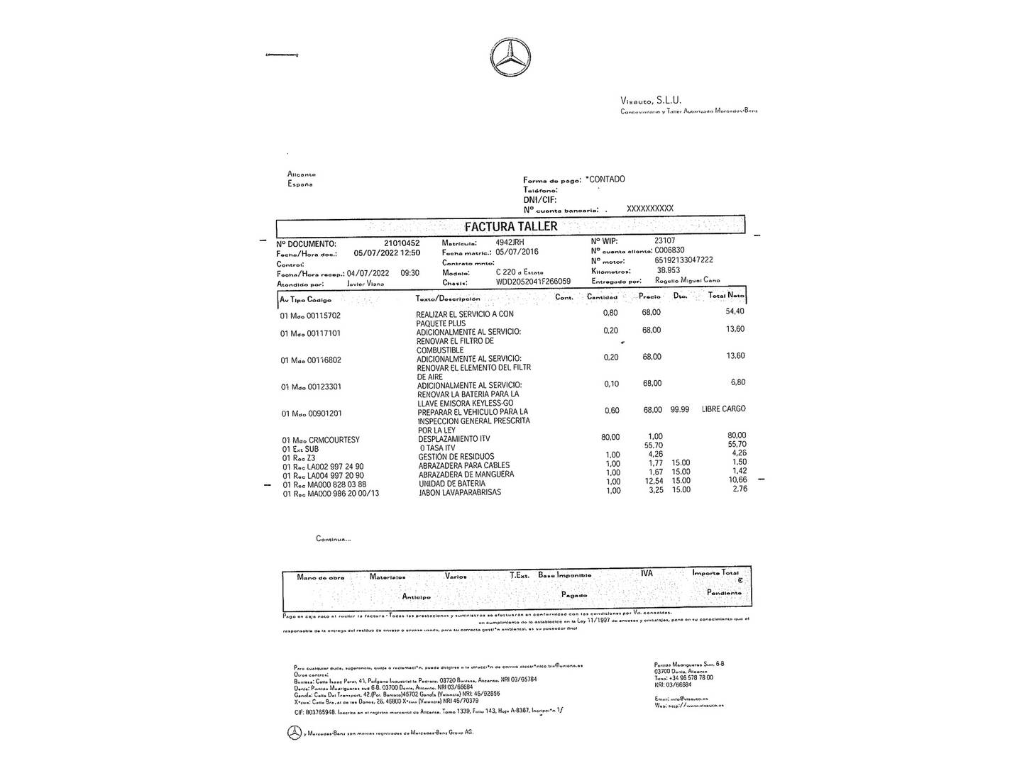 Foto del mantenimiento del Mercedes Clase C Mercedes Clase C C Estate 220 d Sportive Exclusive (170 CV) Pack AMG
