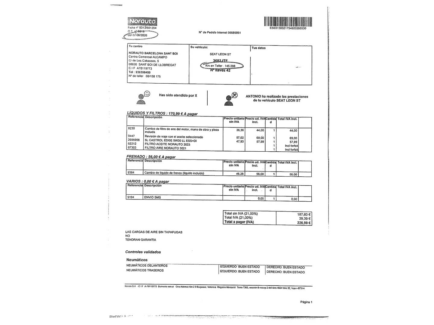 Foto del certificado del Seat León Seat León ST 1.4 TSI ACT S&S FR (150 CV)