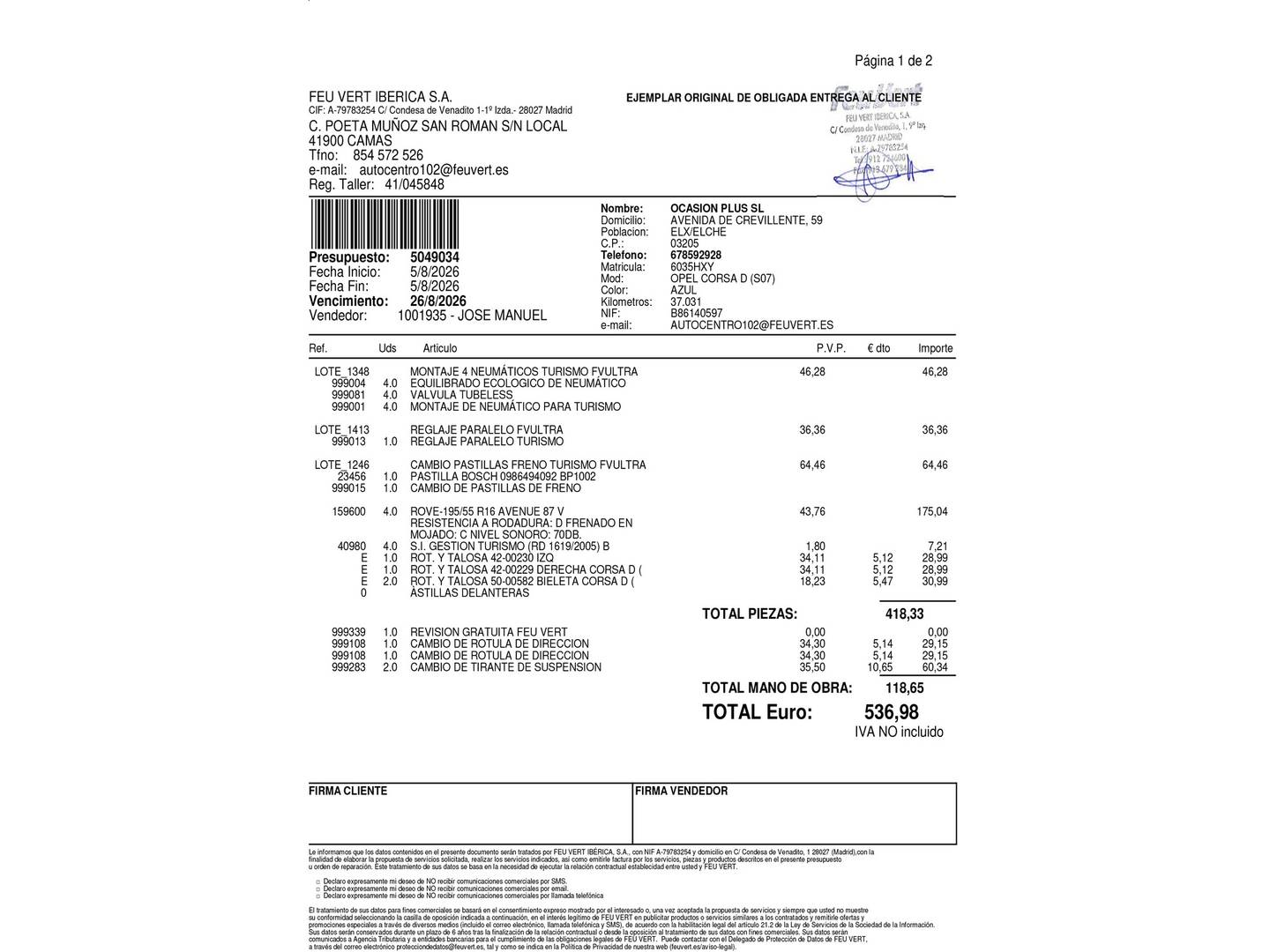 Foto del mantenimiento del Opel Corsa Opel Corsa 1.2 S&S Selective (85 CV)