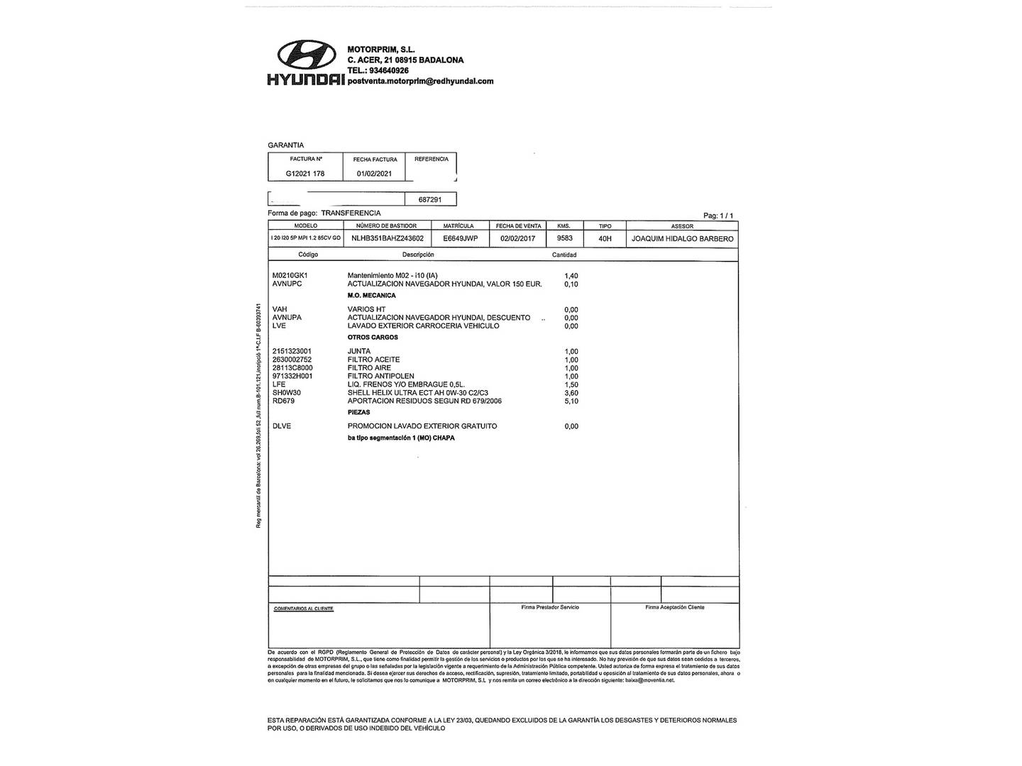 Foto del mantenimiento del Hyundai i20 Hyundai i20 1.2 MPI Klass Go! Nav (85 CV)