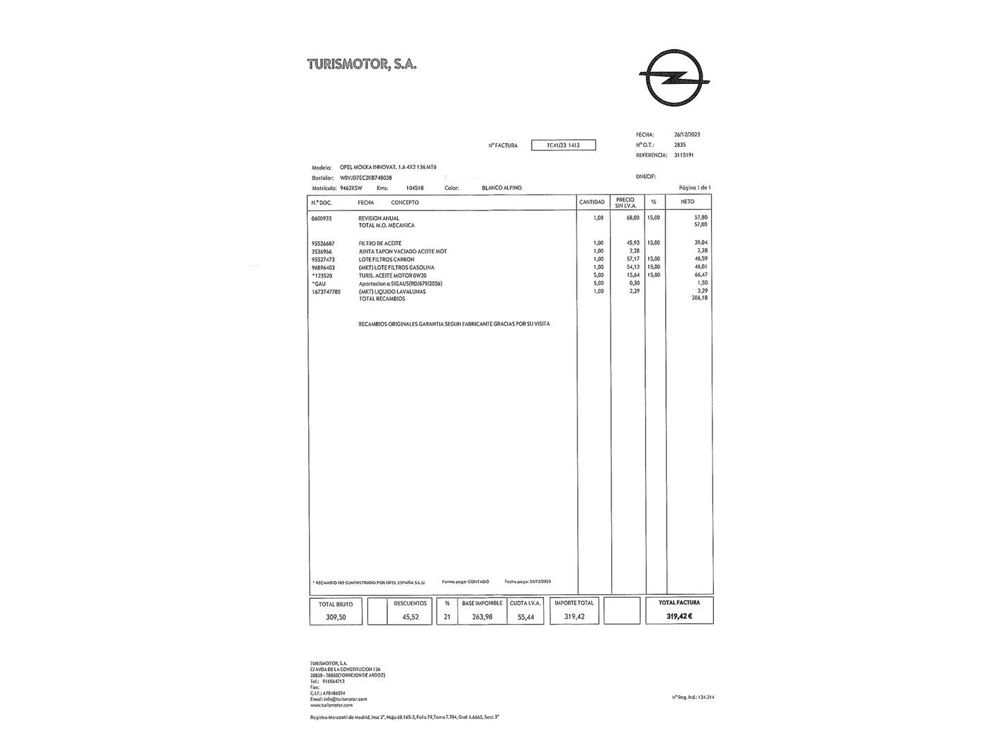Foto del mantenimiento del Opel Mokka X Opel Mokka X 1.6 CDTi S&S Innovation 4X2 (136 CV)