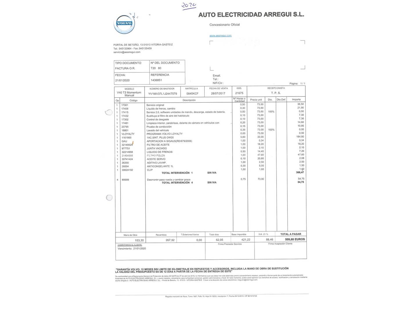 Foto del mantenimiento del Volvo V40 Volvo V40 T3 Momentum (152 CV)