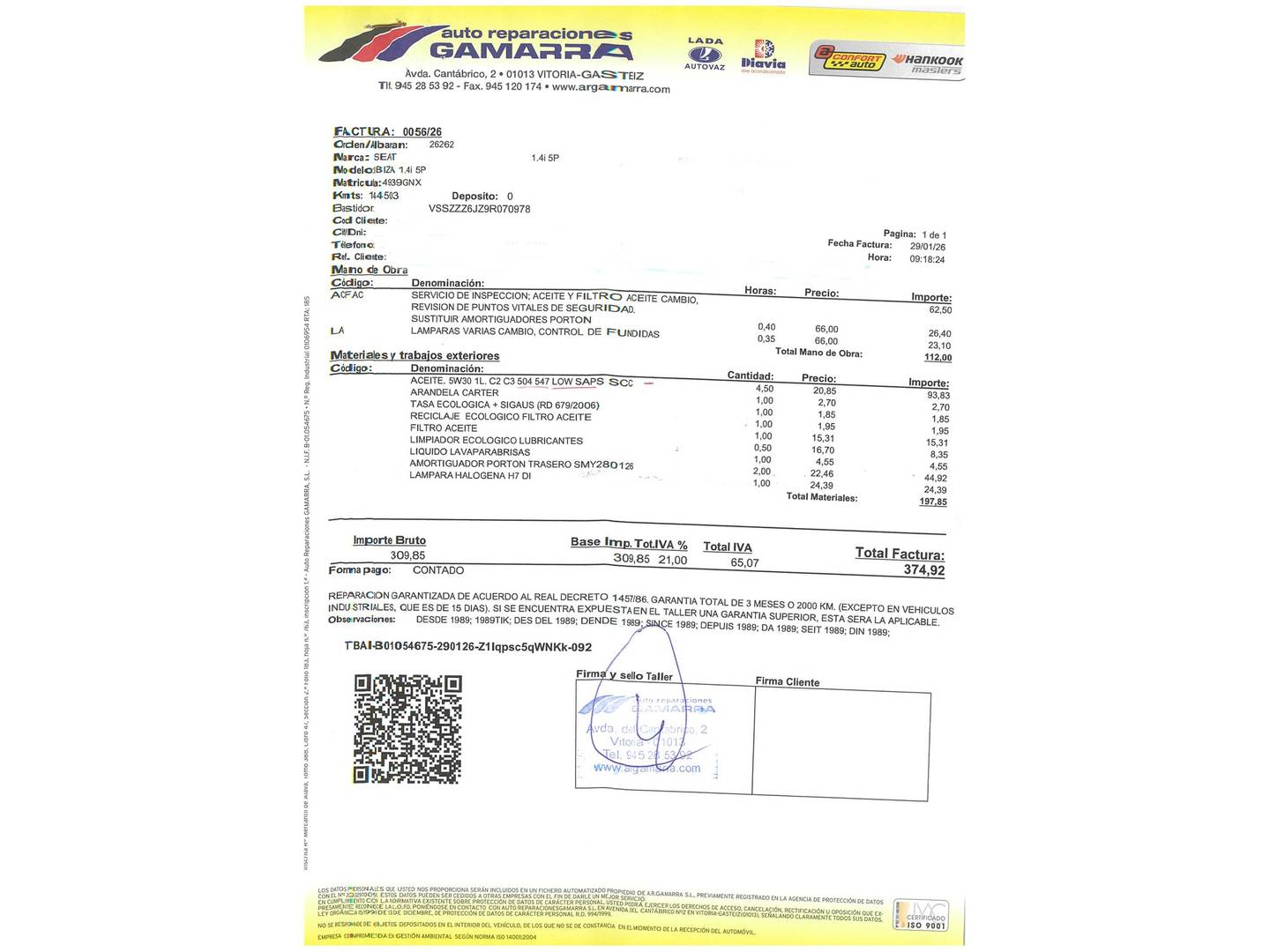 Foto del mantenimiento del Seat Ibiza Seat Ibiza 1.4 16v Sport (85 CV)