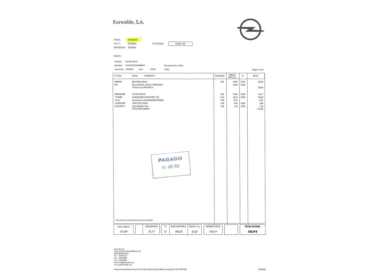 Foto del mantenimiento del Opel Zafira Life Opel Zafira Life 2.0 Diesel M Elegance Auto (177 CV) 8 Plazas