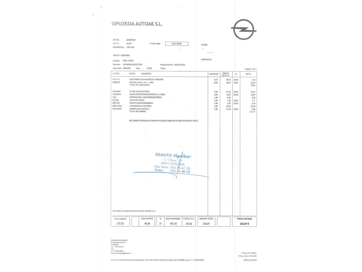 Foto del mantenimiento del Opel Astra Opel Astra 1.6 CDTI 120 Aniversario (110 CV)