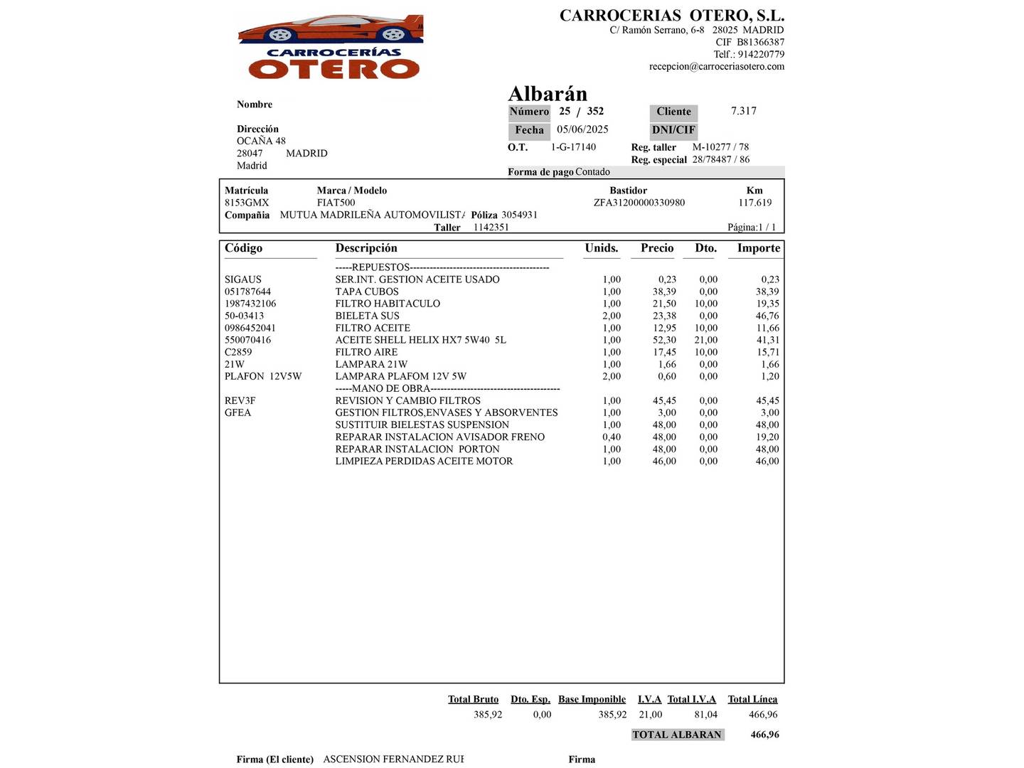 Foto del mantenimiento del Fiat 500 Fiat 500 1.2 Pop  (69 CV)