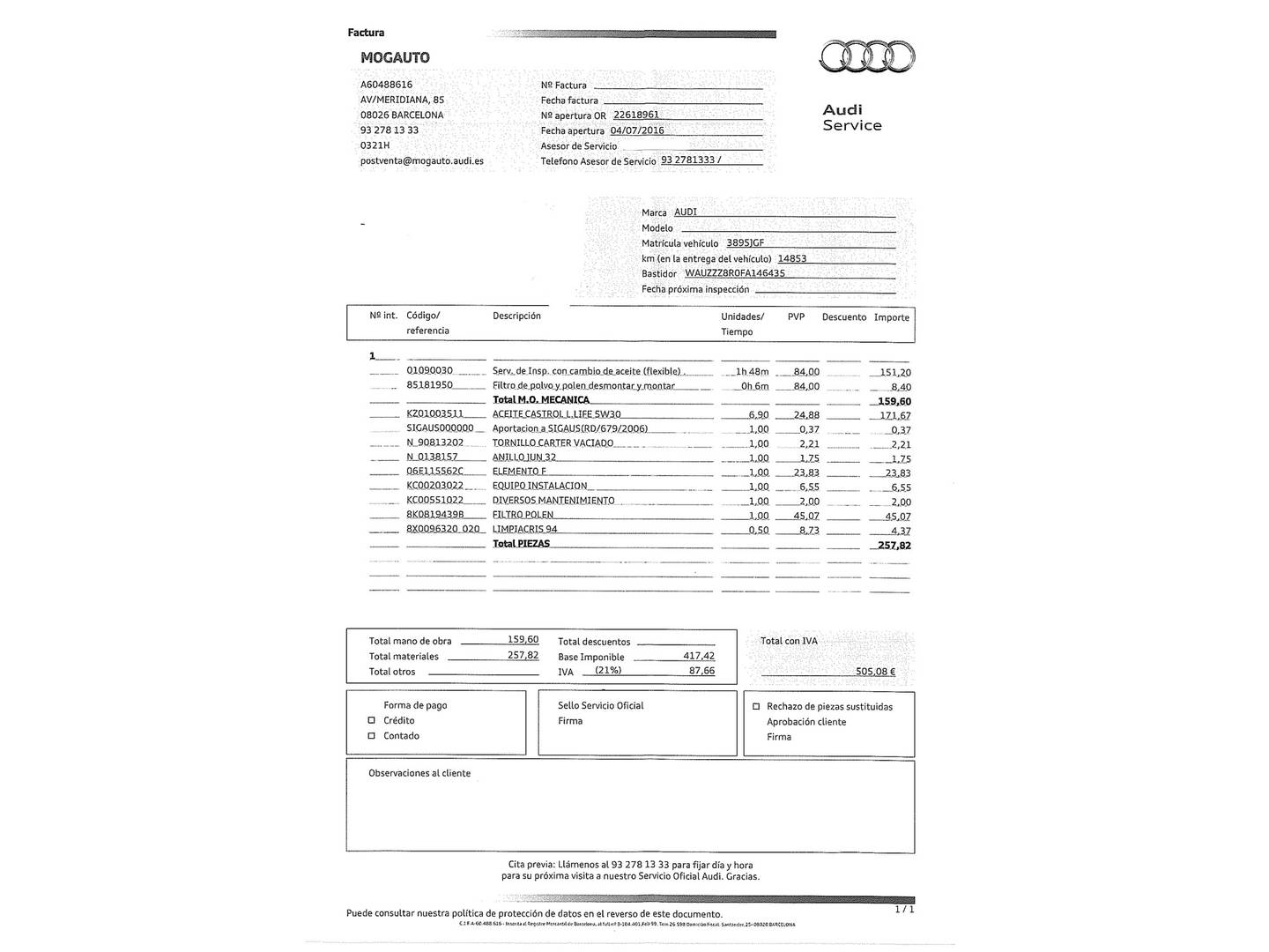 Foto del mantenimiento del Audi Q5 AUDI Q5 Advanced edition 3.0 TFSI quattro (272 CV) tiptronic