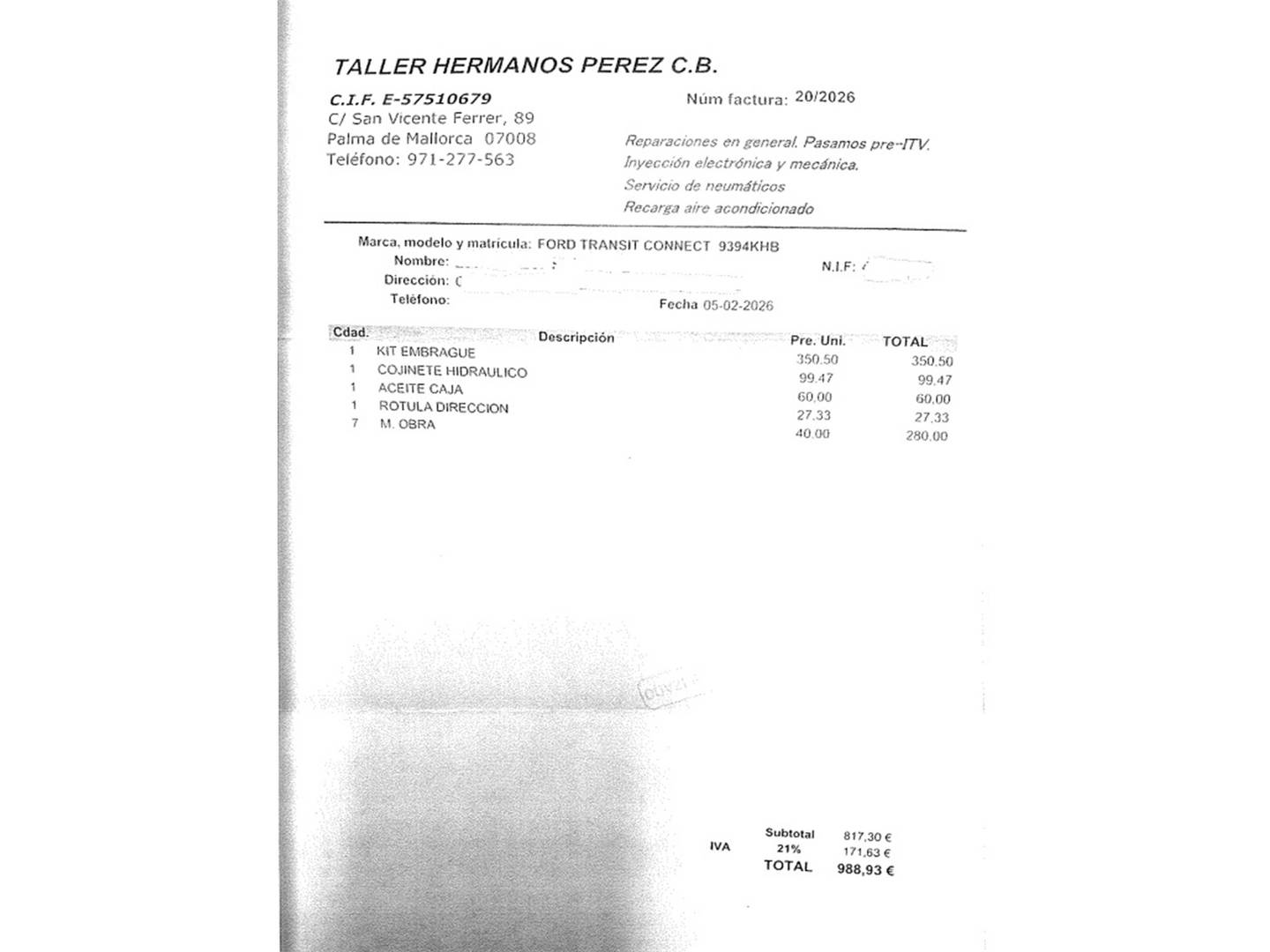 Foto del mantenimiento del Ford Transit Connect Ford Transit Connect Kombi 1.5 TDCI Trend 220 L1 (100 CV)