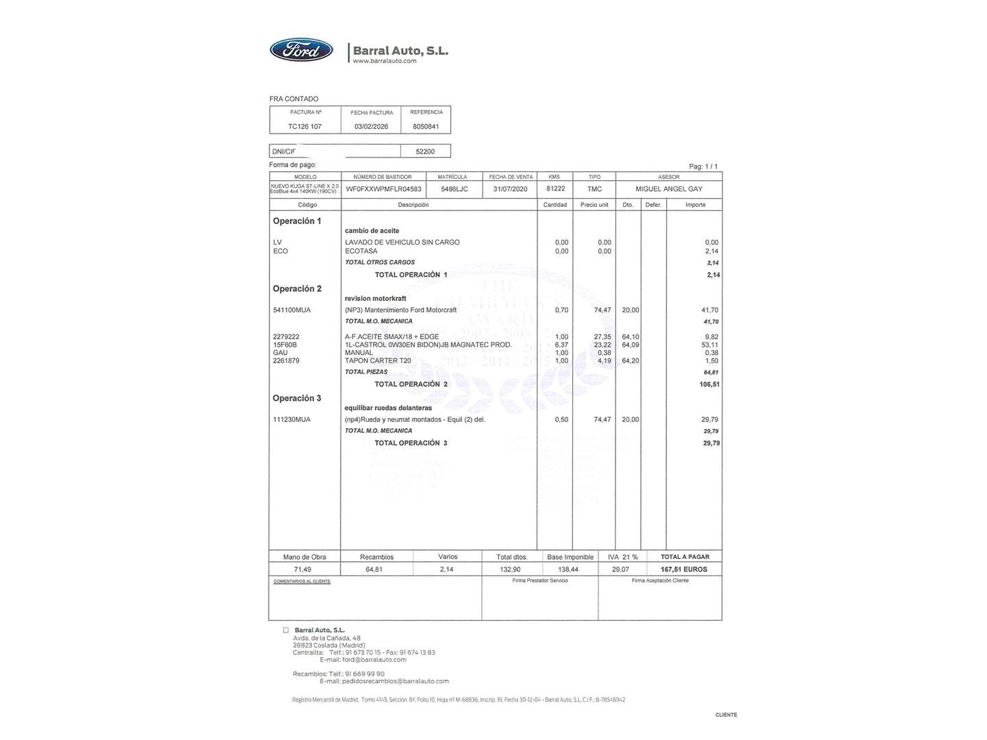 Foto del mantenimiento del Ford Kuga Ford Kuga 2.0 EcoBlue ST-Line X 4x4 Auto (190 CV)