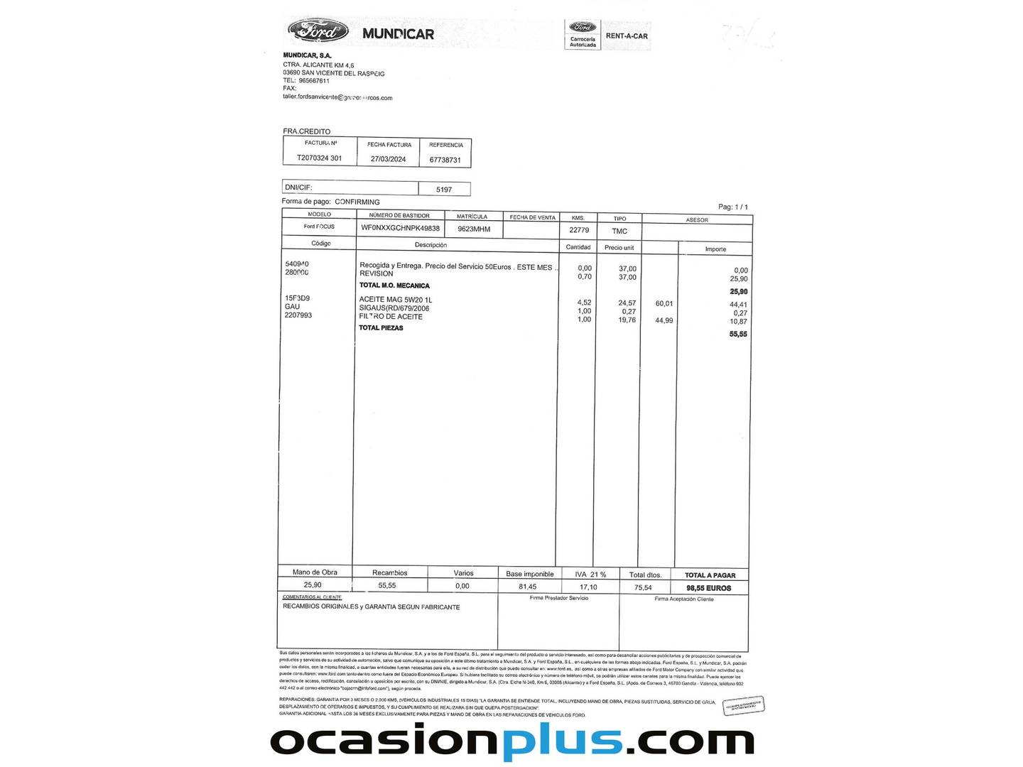 Foto del mantenimiento del Ford Focus Ford Focus 1.0 Ecoboost MHEV ST-Line (125 CV)