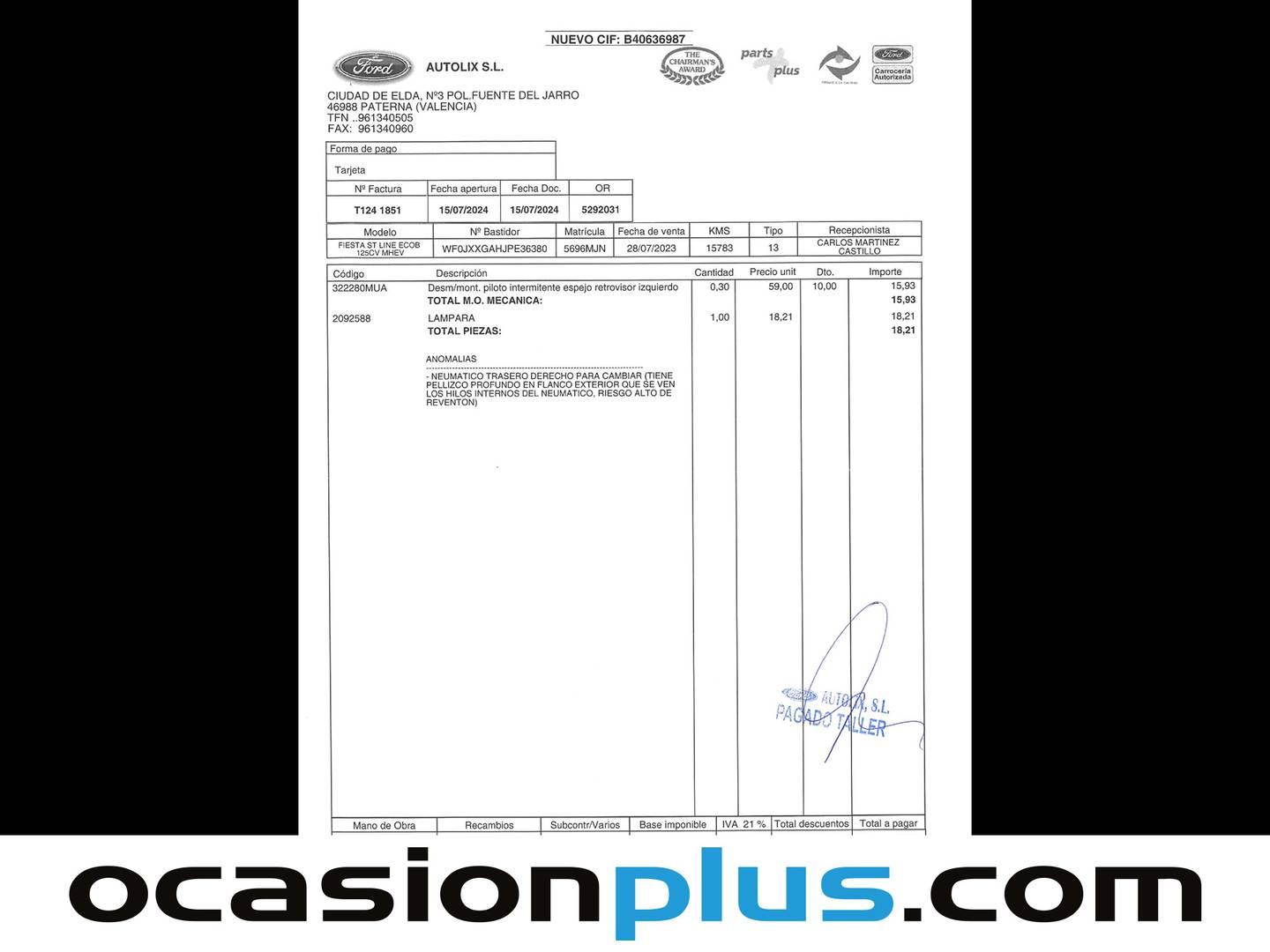 Foto del mantenimiento del Ford Fiesta Ford Fiesta 1.0 EcoBoost MHEV ST-Line (125 CV)