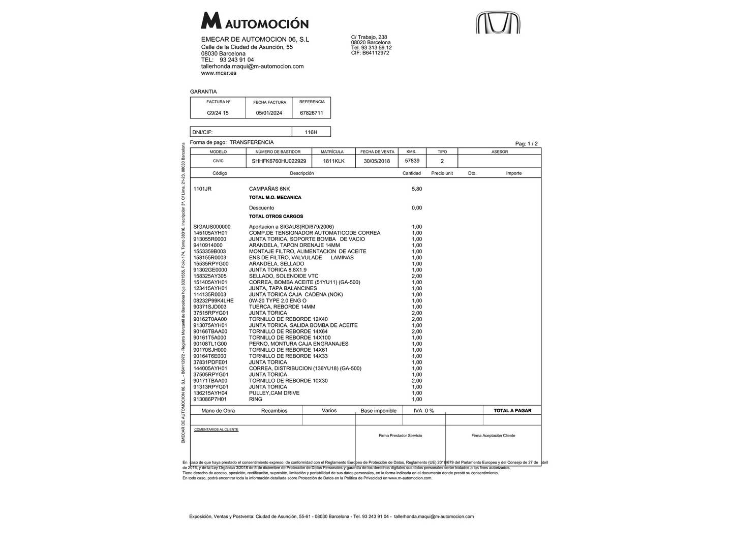 Foto del mantenimiento del Honda Civic Honda Civic 1.0 I-VTEC TURBO Elegance Navi (129 CV)