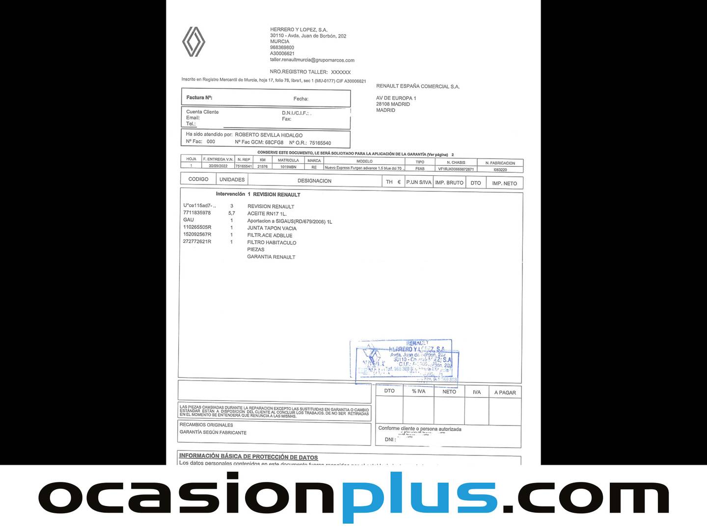 Foto del mantenimiento del Renault Express Renault Express Furgon  Confort Blue dCi (95 CV)