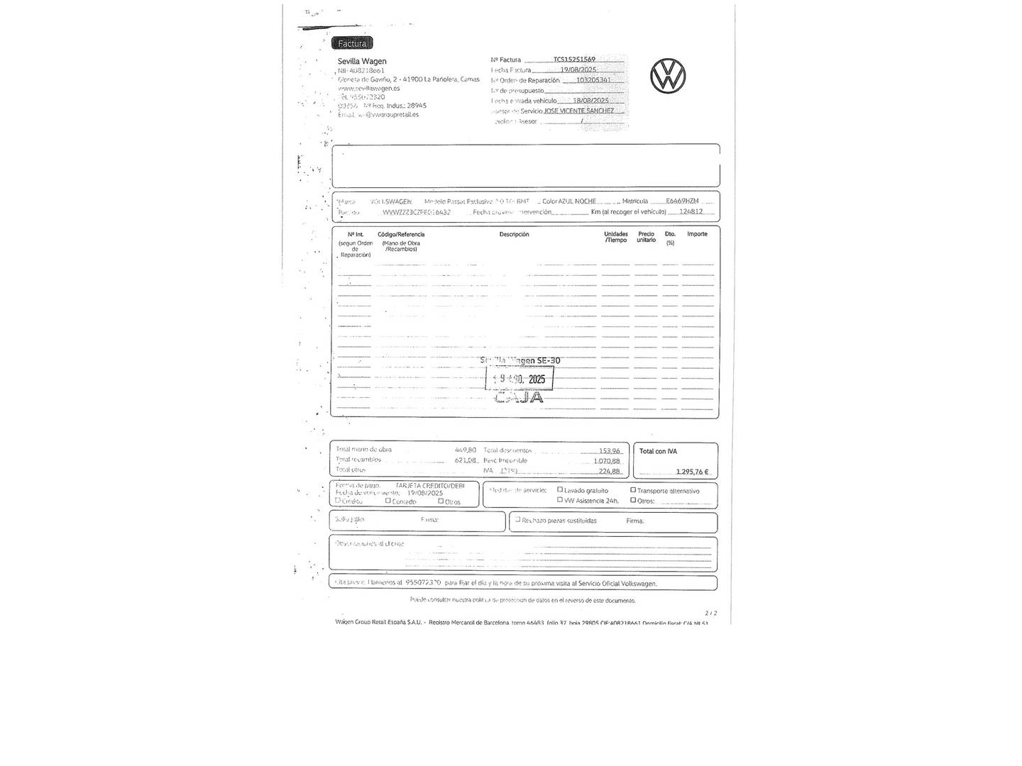 Foto del mantenimiento del Volkswagen Passat Volkswagen Passat Exclusive 2.0 TDI BMT (140 CV)