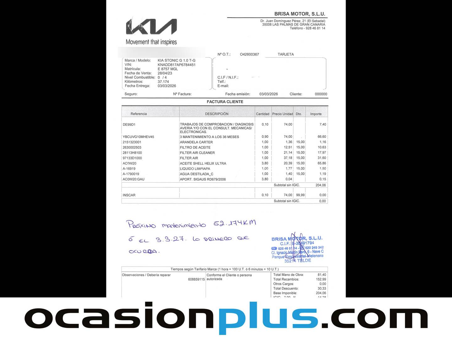 Foto del mantenimiento del KIA Stonic KIA Stonic 1.0 T-GDi Business (100 CV)