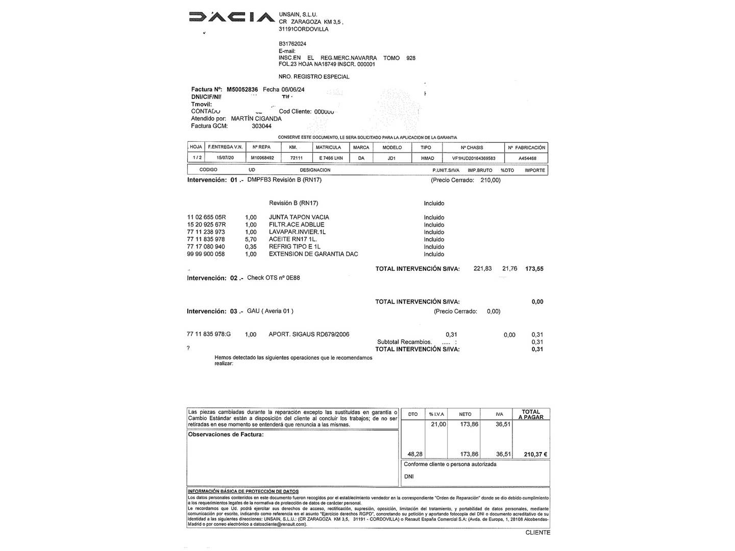 Foto del mantenimiento del Dacia Duster Dacia Duster Comfort Blue dCi (115 CV) 4X2