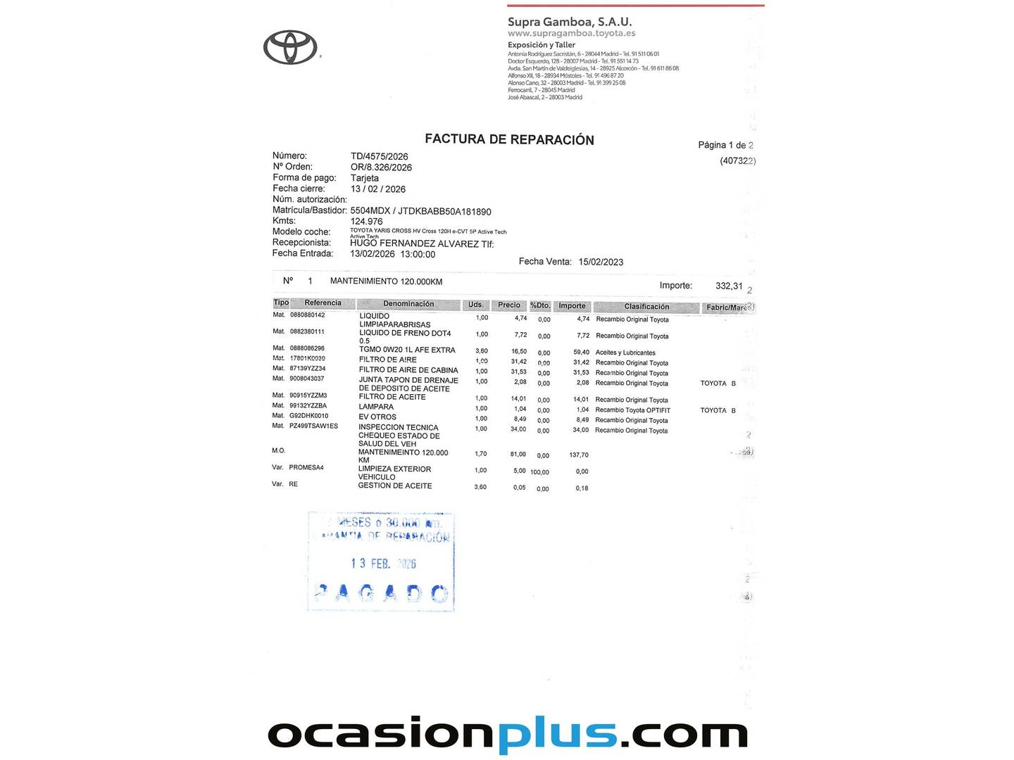 Foto del mantenimiento del Toyota Yaris Cross Toyota Yaris Cross 120H Active Tech (116 CV)