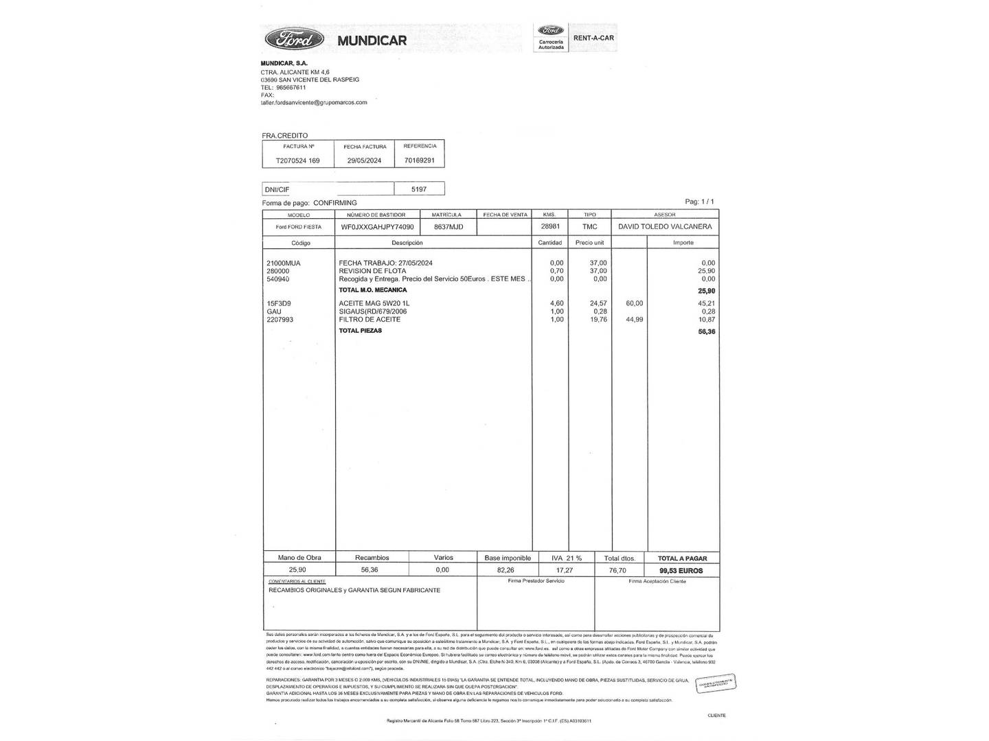 Foto del mantenimiento del Ford Fiesta Ford Fiesta 1.0 EcoBoost MHEV ST-Line (125 CV)