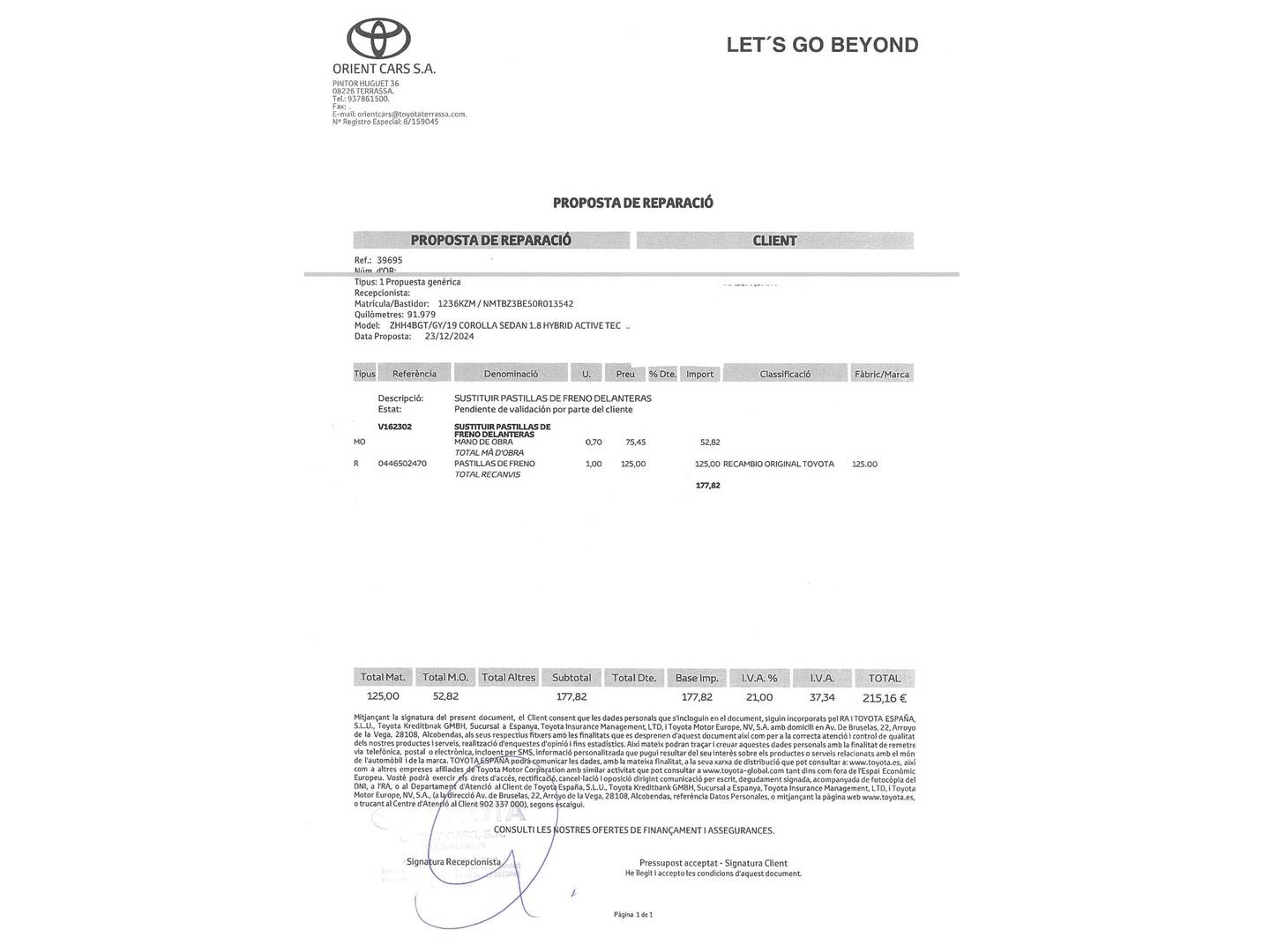 Foto del mantenimiento del Toyota Corolla Toyota Corolla 1.8 125 Híbrido Active Tech E-CVT Sedán (122 CV)