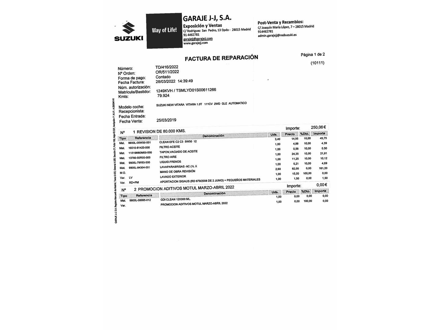 Foto del mantenimiento del Suzuki Vitara Suzuki Vitara 1.0 T GLE 82 kW (111 CV)