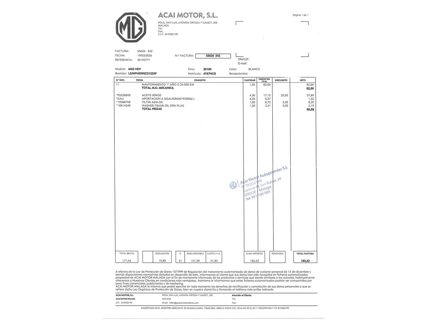 Foto del mantenimiento del MG MG3 MG MG3 Hybrid+ Luxury (195 CV)