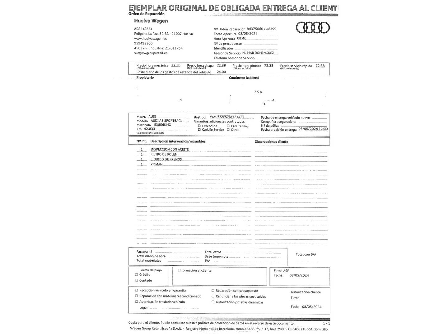 Foto del mantenimiento del Audi A5 Audi A5 Sportback Sport 2.0 TDI  (150 CV) S tronic