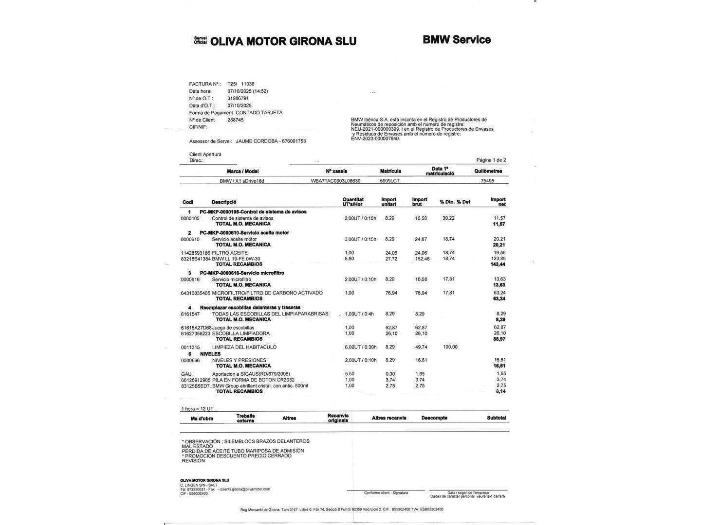 Foto del mantenimiento del BMW X1 BMW X1 sDrive18d (150 CV)