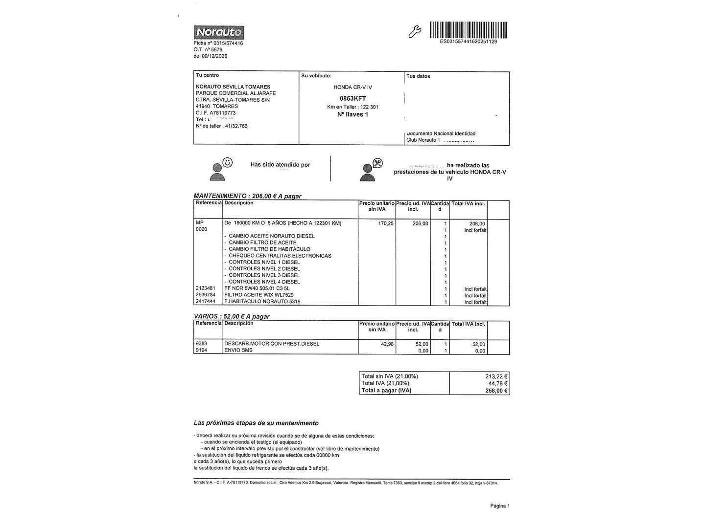 Foto del mantenimiento del Honda CR-V Honda CR-V 1.6 i-DTEC Comfort 4x2 (120 CV)