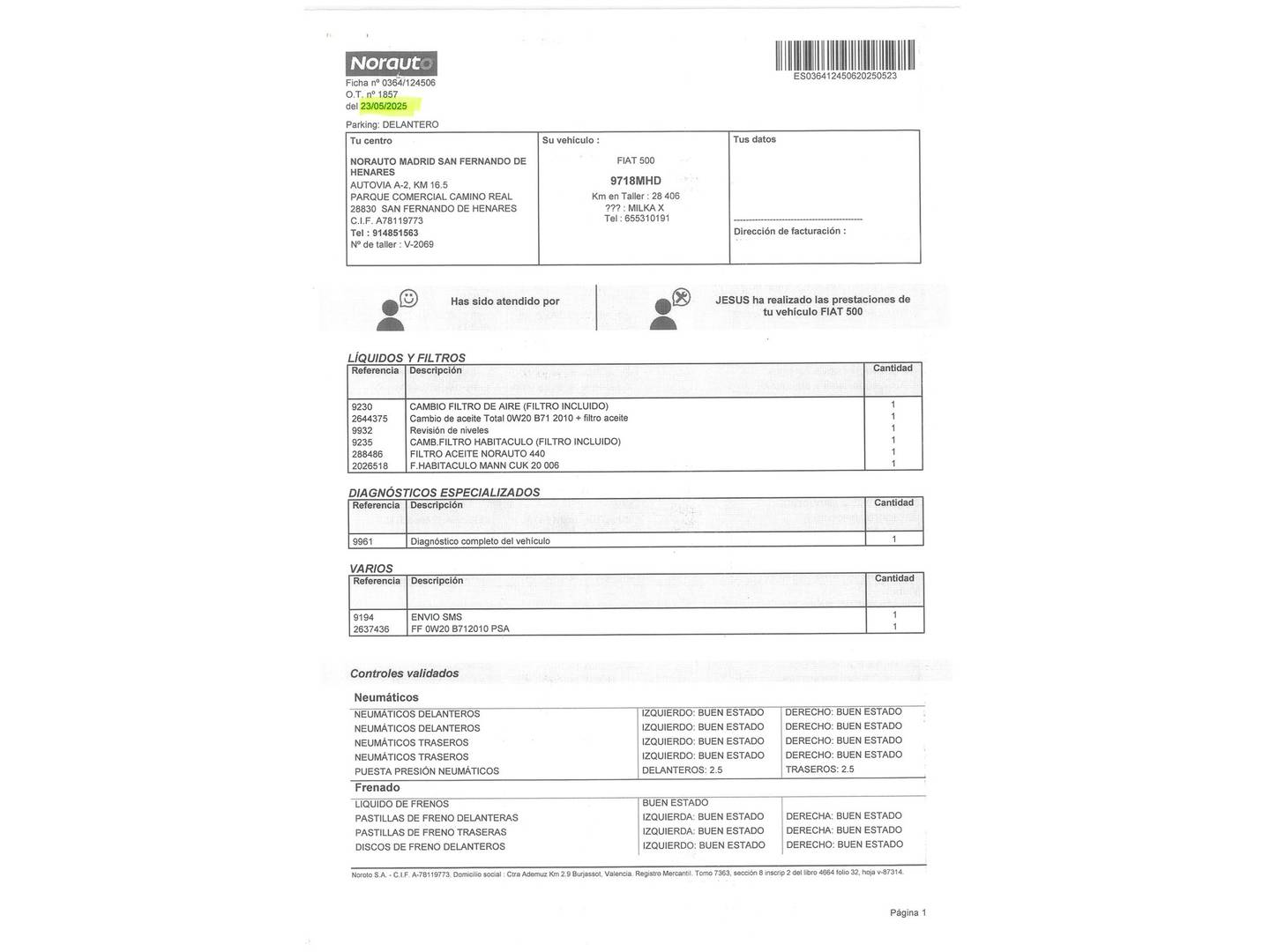 Foto del mantenimiento del Fiat 500 Fiat 500 1.0 Hybrid Monotrim (70 CV)