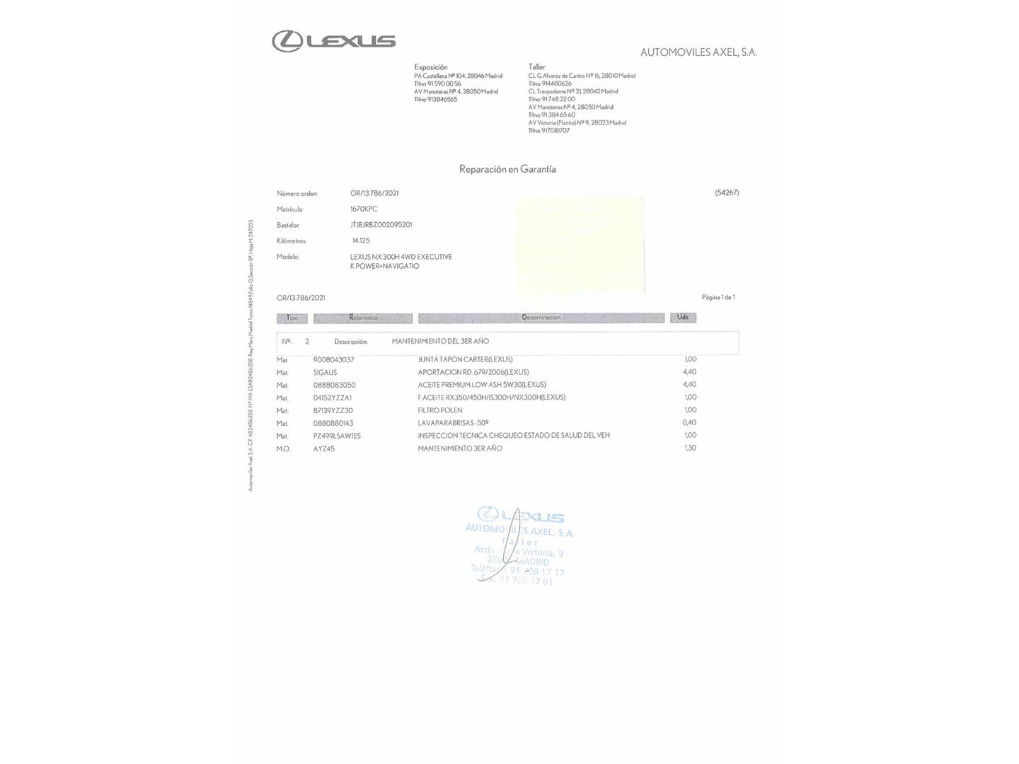 Foto del mantenimiento del Lexus NX Lexus NX NX 300h Luxury 4WD (197 CV)