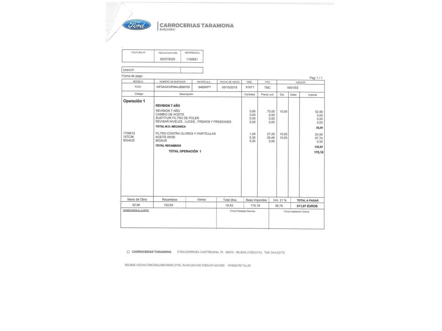 Foto del mantenimiento del Ford Kuga Ford Kuga 2.0 TDCI S&S ST-Line 4x4 Powershift (180 CV)