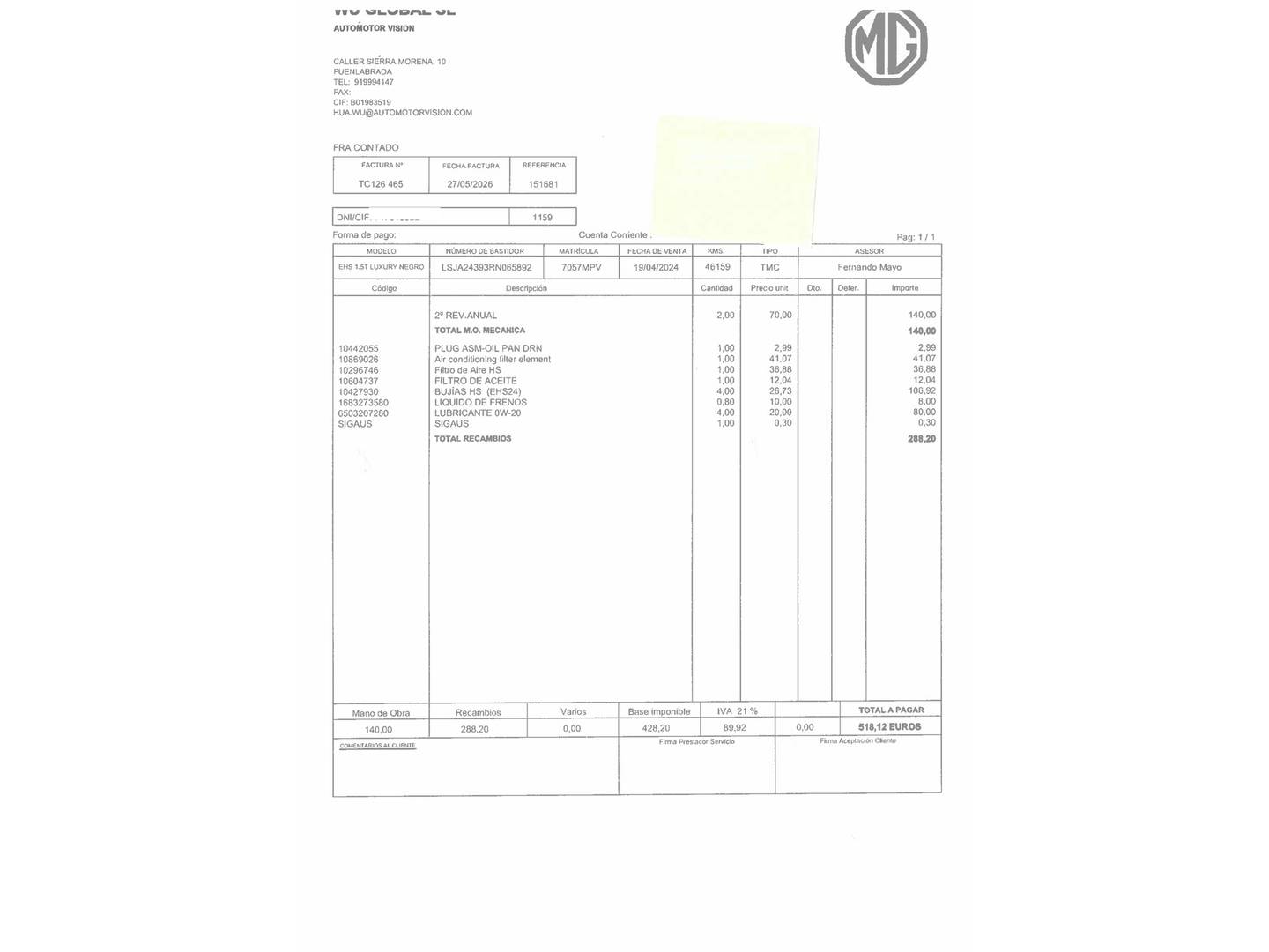 Foto del mantenimiento del MG eHS MG eHS 1.5 T-GDI PHEV Luxury (258 CV)