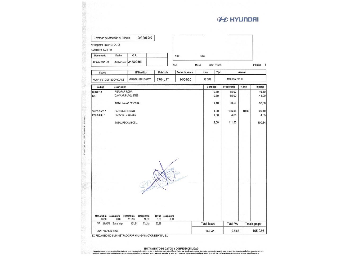 Foto del mantenimiento del Hyundai Kona Hyundai Kona 1.0 TGDI Klass 4x2 (120 CV)