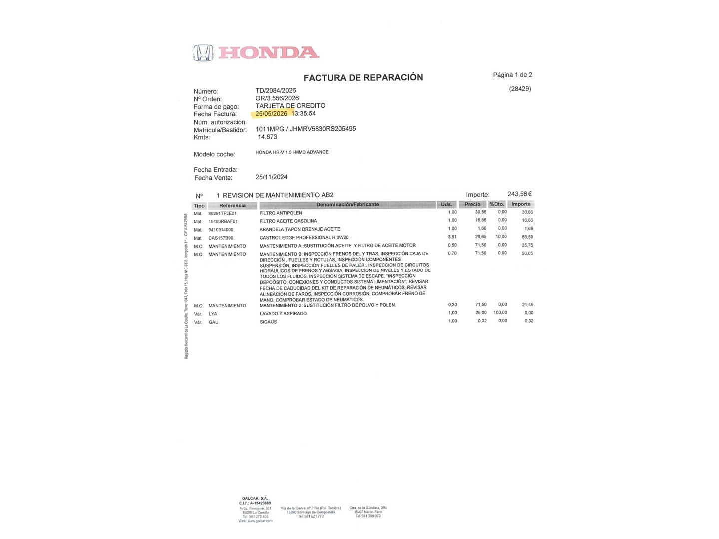 Foto del mantenimiento del Honda HR-V Honda HR-V 1.5 i-MMD Advance 4x2 Auto (131 CV)