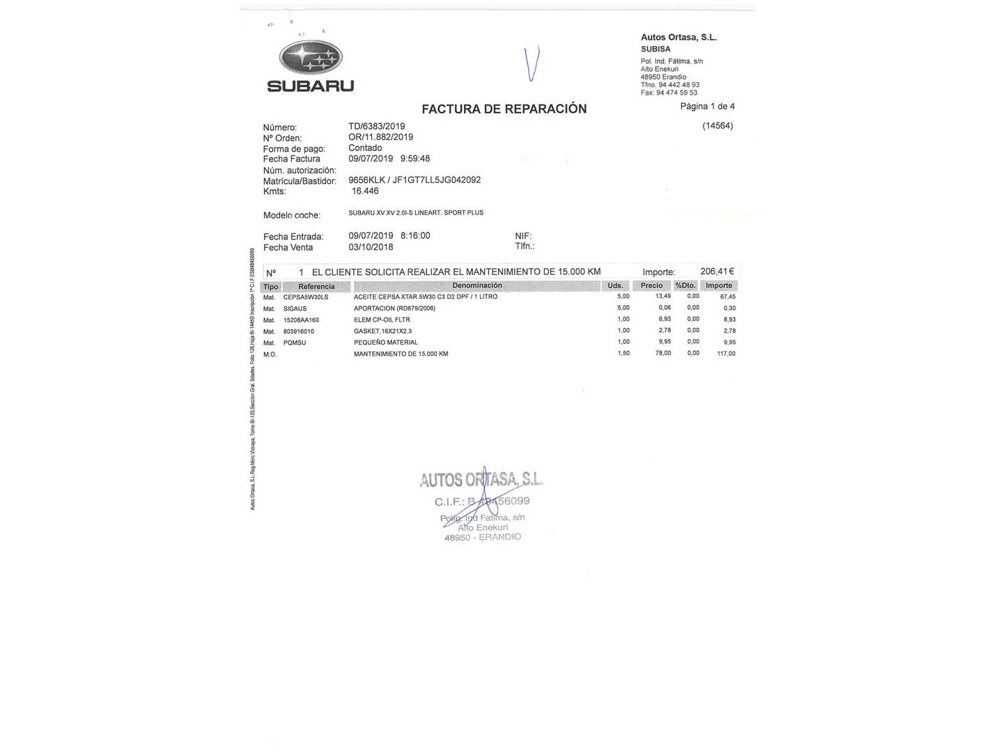 Foto del mantenimiento del Subaru XV Subaru XV 2.0i Sport Plus CVT Lineartronic (156 CV)