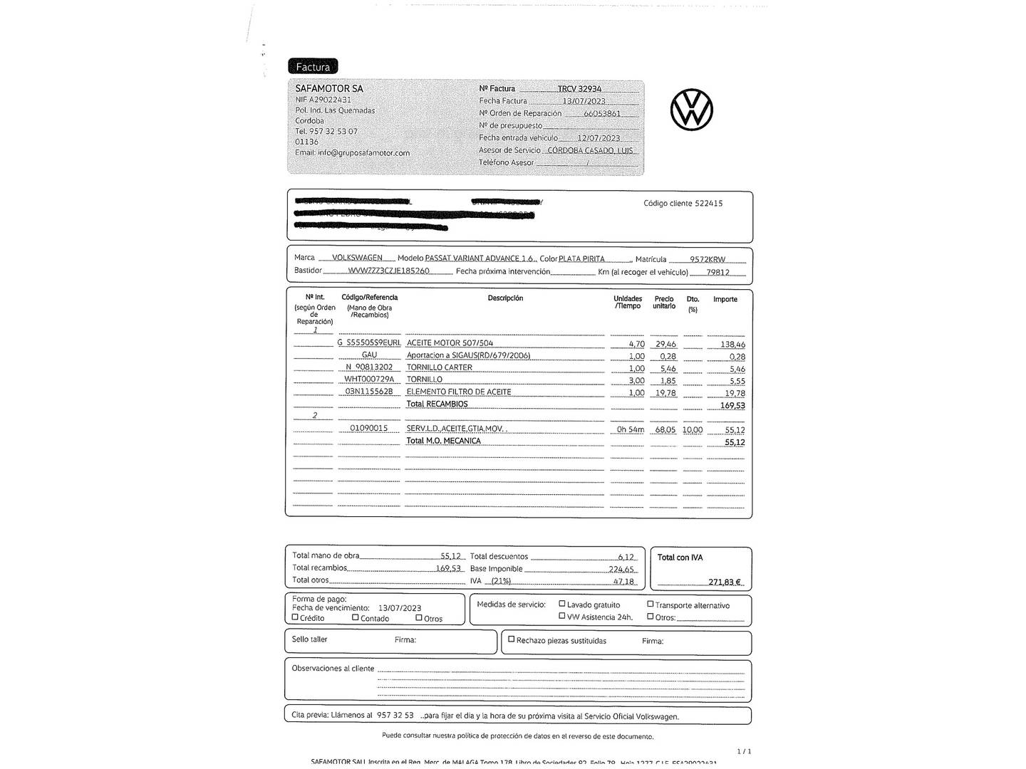 Foto del mantenimiento del Volkswagen Passat Volkswagen Passat Variant Advance 1.6 TDI (120 CV)