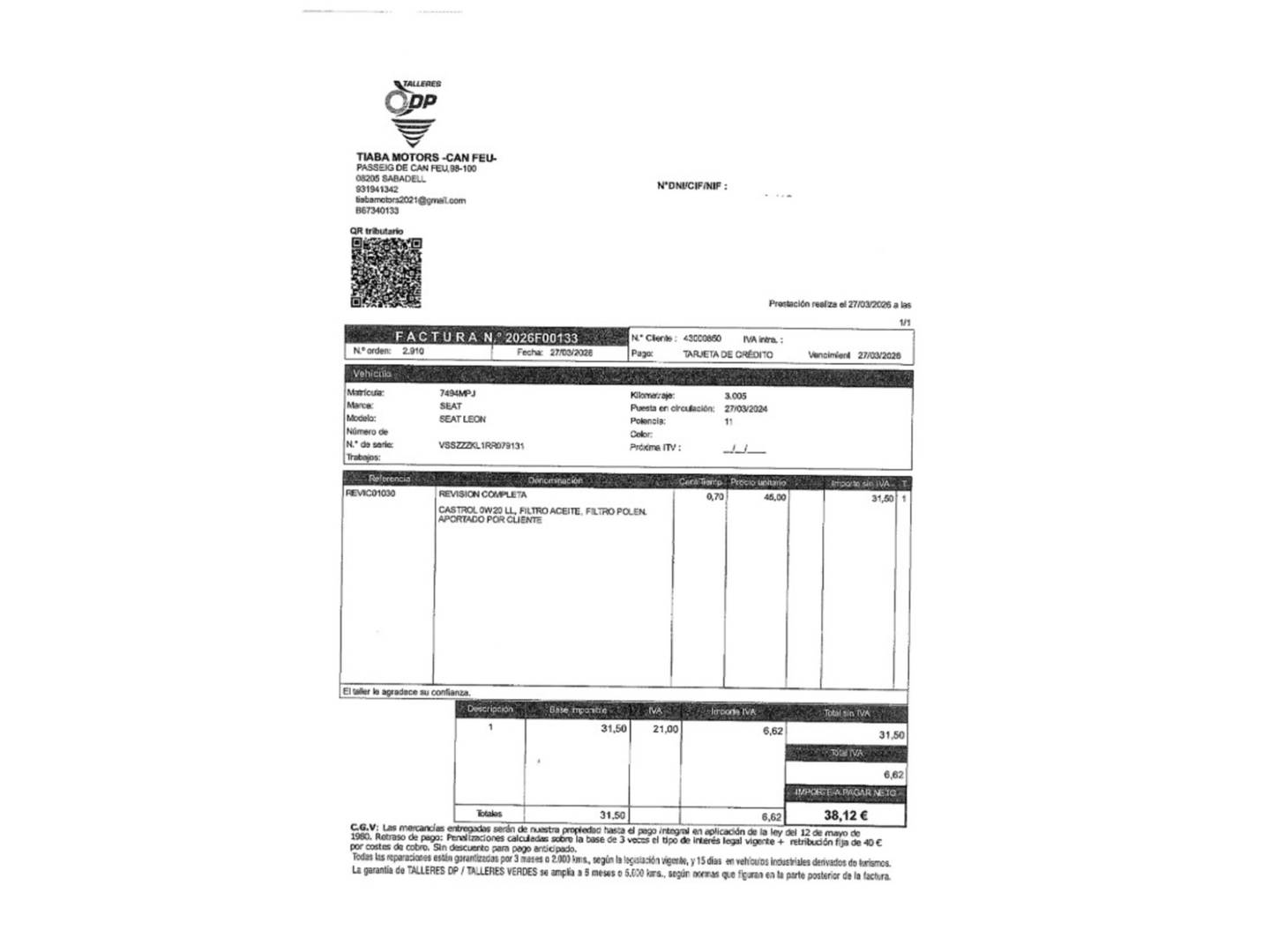 Foto del mantenimiento del Seat León Seat León 1.5 eTSI S&S FR Special Edition Vision DSG (150 CV)