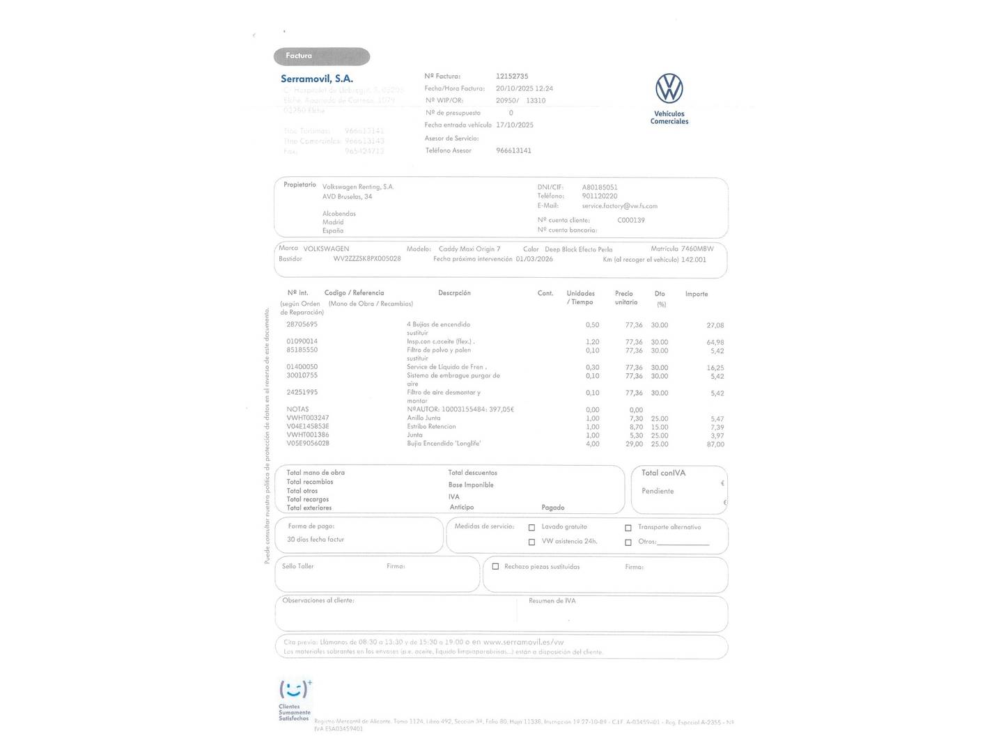 Foto del mantenimiento del Volkswagen Caddy Volkswagen Caddy Maxi Origin 1.5 TSI (114 CV) 7 Plazas