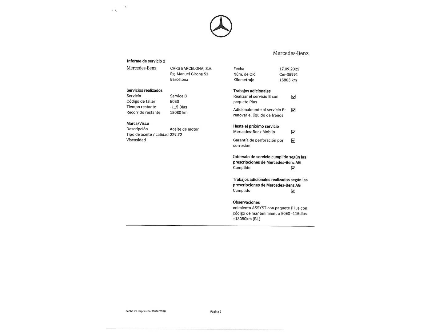 Foto del mantenimiento del Mercedes GLA Mercedes GLA GLA 250 e (218 CV)